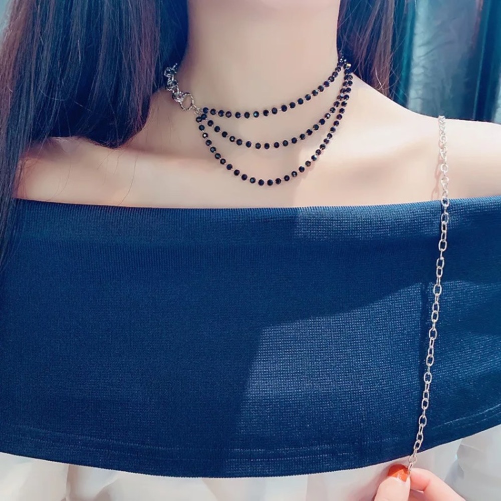🌟 Beautiful Black Crystals Chunky Two Tone Chain Necklace Choker - Picture 3 of 5